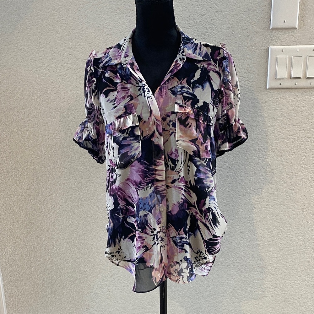Misa Los Angeles Floral Blouse - Purple and Cream-semi sheer